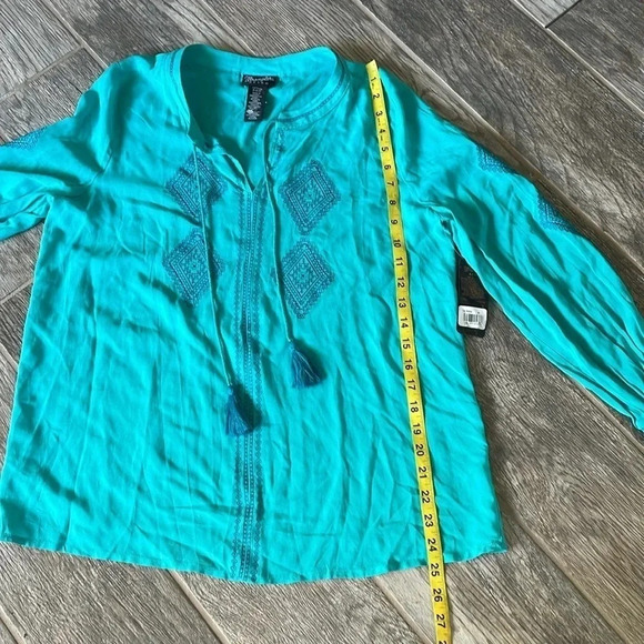 Wrangler Retro Embroidered long sleeved Peasant Top Teal Tassels Women’s Size S - Picture 11 of 13